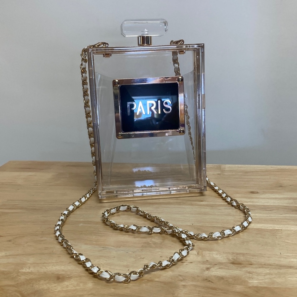 Paris Perfume Bottle Acrylic Clutch, Purse or Crossbody Bag White & Gold Strap